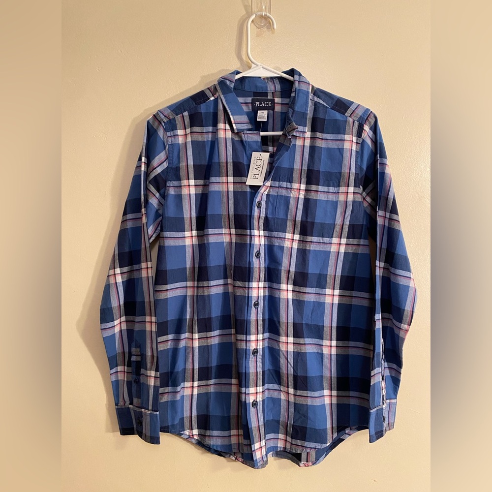 NWT Childrens Place Boys Blue Plaid Long Sleeve Button Up Shirt